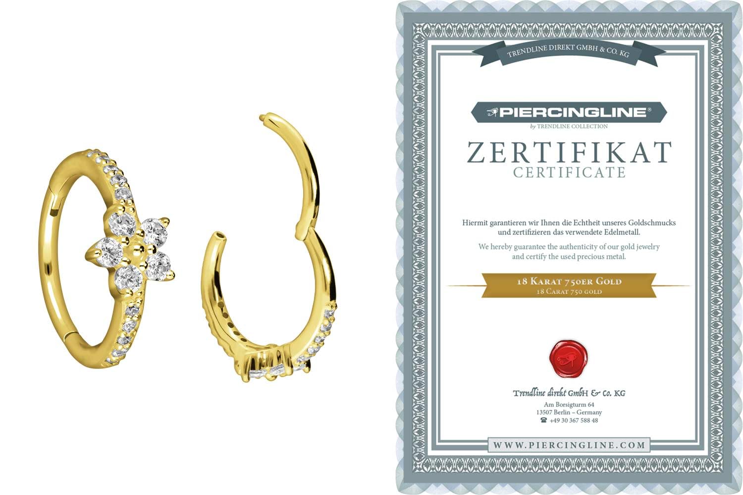PIERCINGLINE 18 Karat Gold Piercing für Nase, Septum, Ohr, Helix oder Tragus Segmentring Clicker KRISTALLBLUME + EINGEFASSTE Kristalle