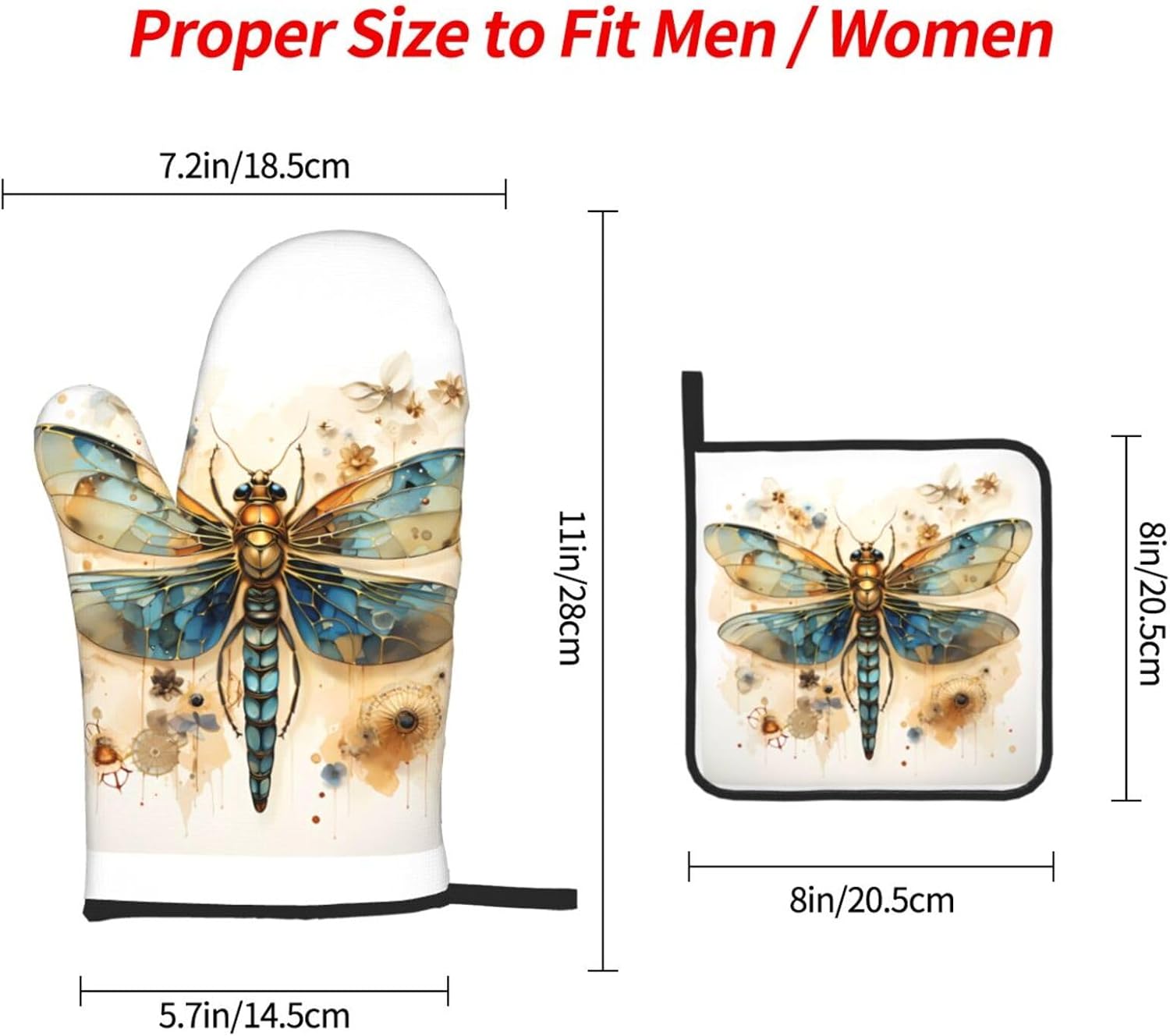 Oven Mitts and Pot Holders 3 Pieces Sets Barbecue Mitts High Heat Resistance Anti Slip for Baking Cooking Golden Delicate Dragonfly On Yellow Background