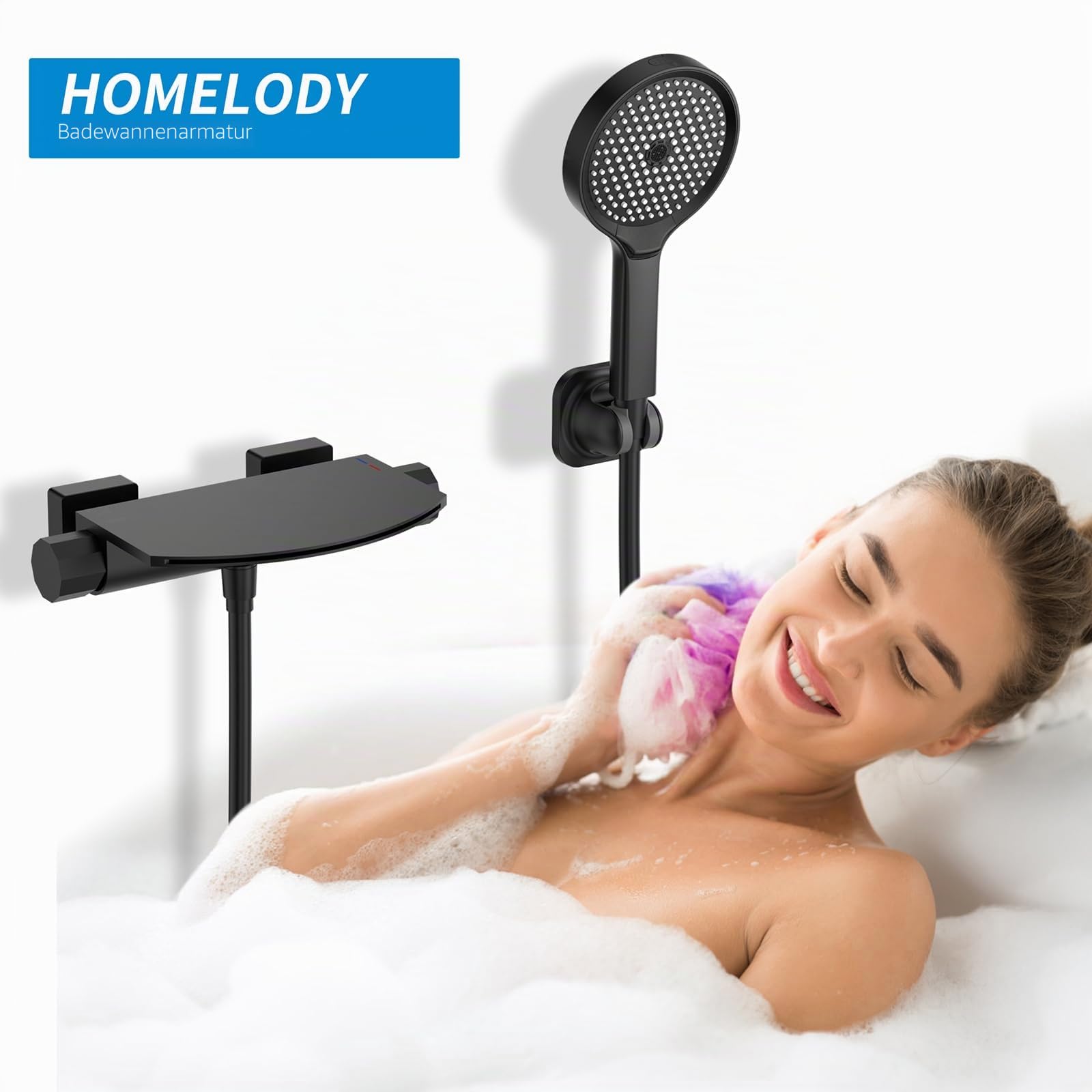 HOMELODY Badewannenarmatur Schwarz, Badewannenarmatur mit Handbrause, Wasserfall Wannenarmatur, Messing Mischbatterie Wandarmatur für Badewanne, Wandmontage mit großer Plattform