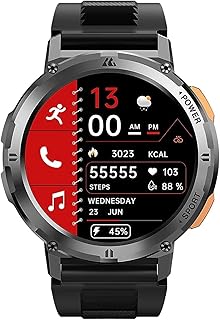 ساعة ذكية تانك T2 بشاشة اموليد 1.43 بوصة تعمل بشكل دائم ومكالمات بلوتوث (اجراء المكالمات والرد عليها) للرجال 5 بار معتمدة من الجيش الامريكي مع 70 وضع رياضي لاجهزة اندرويد وiOS وايفون من كوسبيت، رمادي