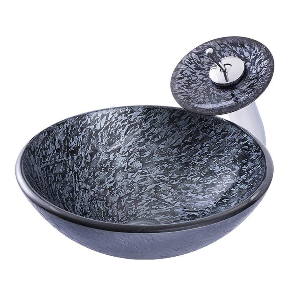 WOTZOV Round Above Counter Vessel Sink With Waterfall Faucet, Hand-Carved Tempered Glass Bathroom Lavatory Bowl Combo
