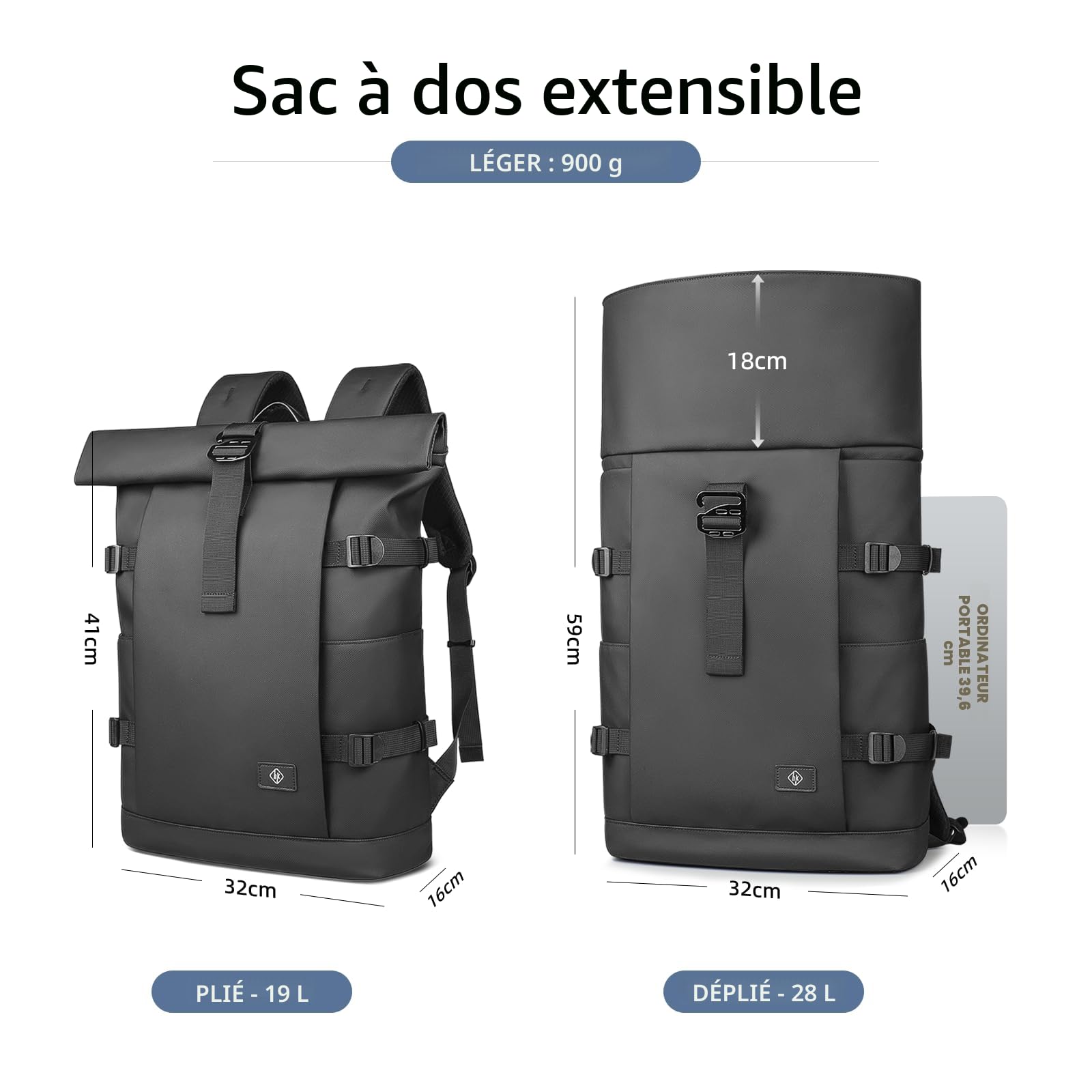 hk Sac à Dos Rolltop étanche Antivol Sac à Dos Ordinateur Portable 15.6 Pouces Grand Extensible 28l pour Hommes Femmes Travail Voyage Université