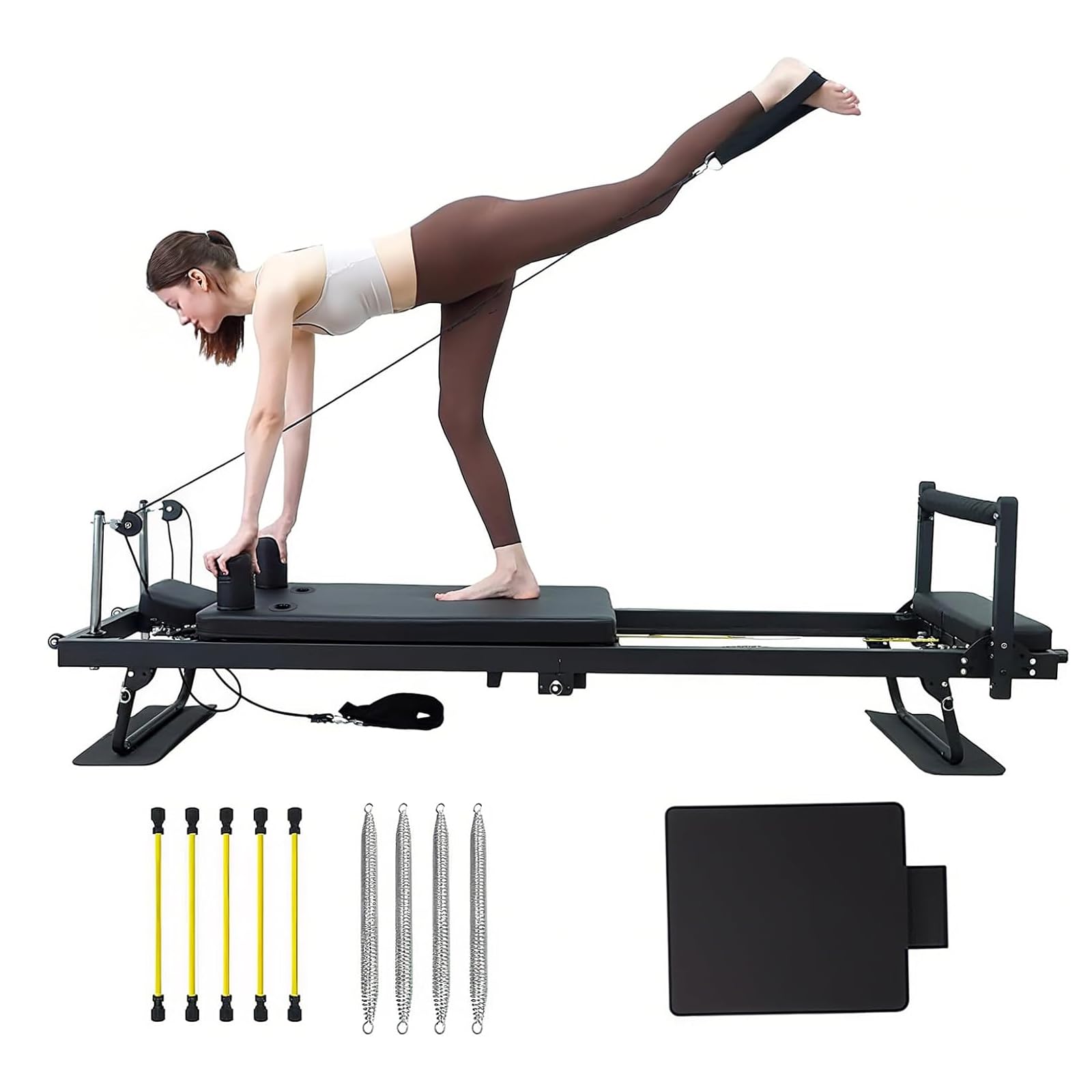 Máquina de Pilates Reformer, Máquina Reformador Pilates Plegable con Tabla de Salto, 4 Muelles y 5 Cuerdas para Reformador de Resistencia Corporal, Estiramiento, Equilibrio,D