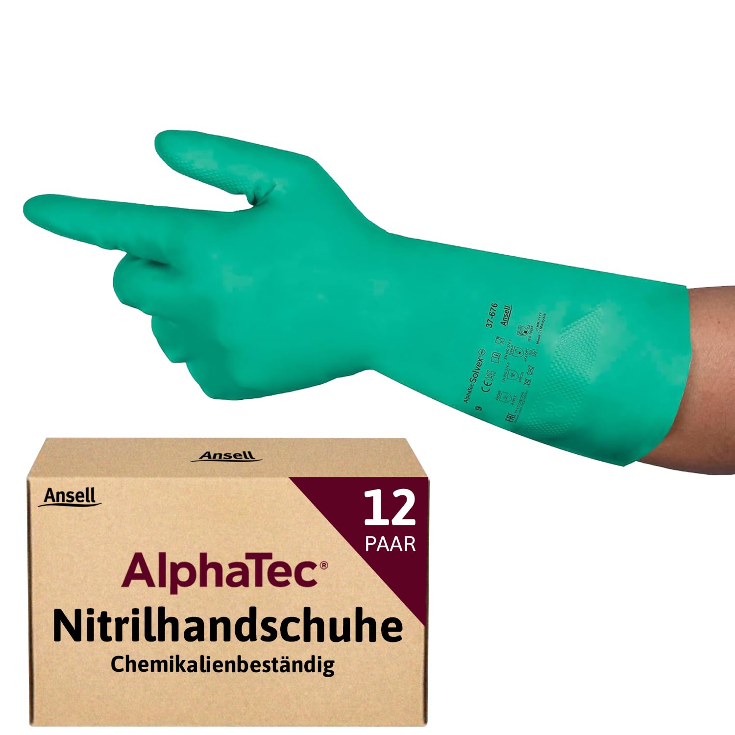 Ansell AlphaTec 37-675, Chemikalienschutzhandschuhe, Wasserdichte Sicherheitshandschuhe, Lebensmittel- und Reinigungshandschuhe, Latexfreie Schutzhandschuhe, Grüne Nitrilhandschuhe, 12 Paar, Gr. XS