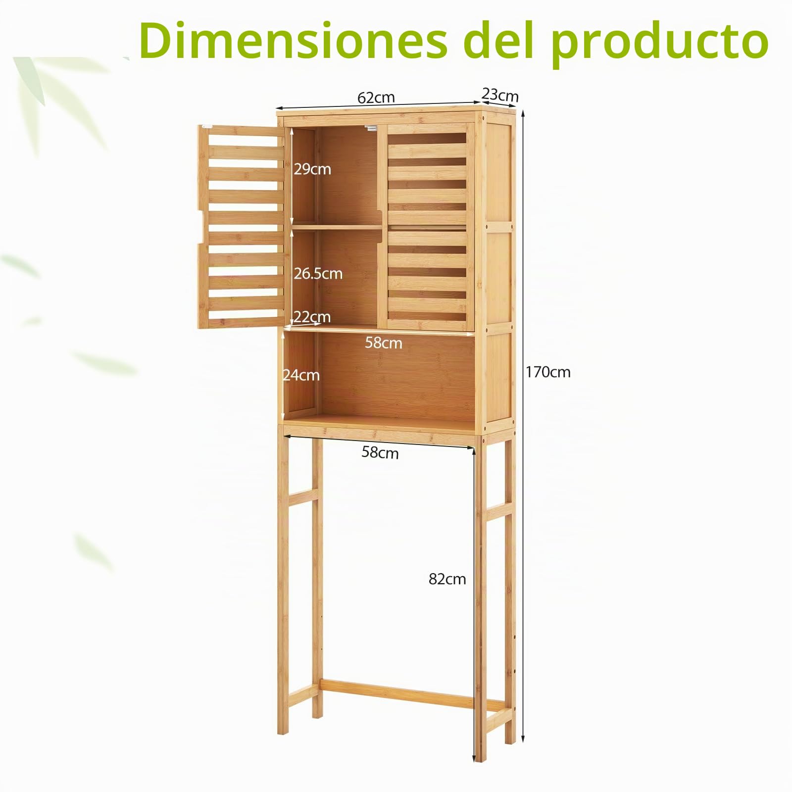 LIFEZEAL Estantería de Baño de Bambú, Armario Alto con 2 Puertas y Estante Abierto para Lavadora y Secadora