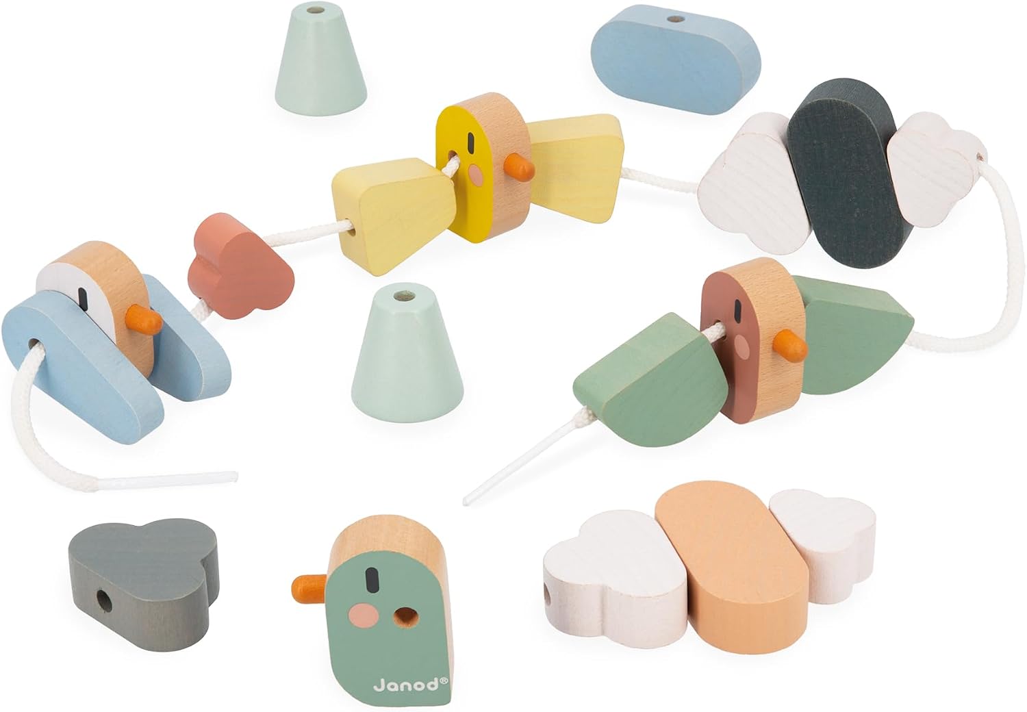 Janod - Sweet Cocoon Thread Beads - 21 Birds, Wings and Clouds - Develops Fine Motor Skills - FSC Wooden Toy - Learning Game - From 24 Months, J04050