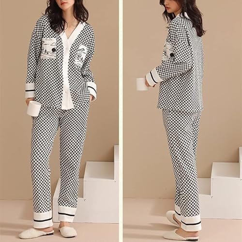 Straw Women's Pajamas Set Houndstooth Style Sleepwear Cotton V Neck Homewear Casual Nightwear (Color : B, Size : L) #TOP1