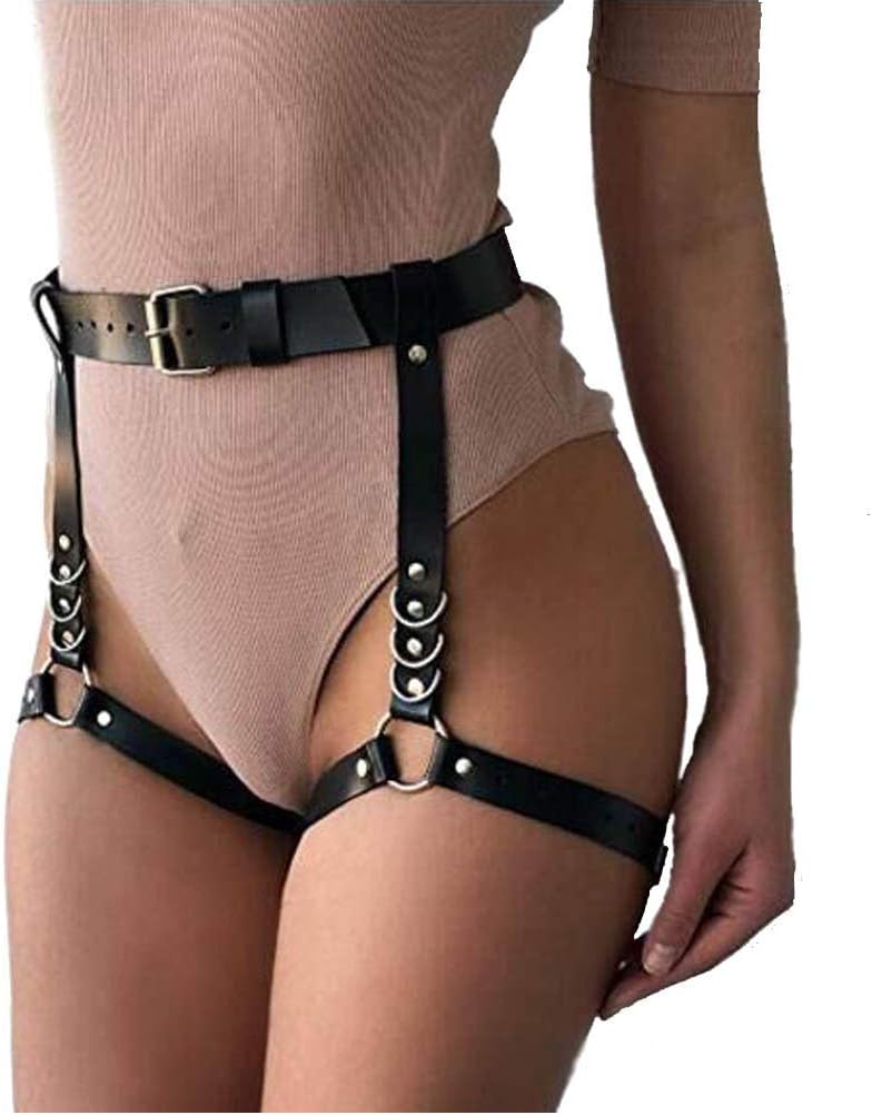 PretishowsWomen Leather Harness Adjustable Punk Caged Waist Belts Leg Garters Harness