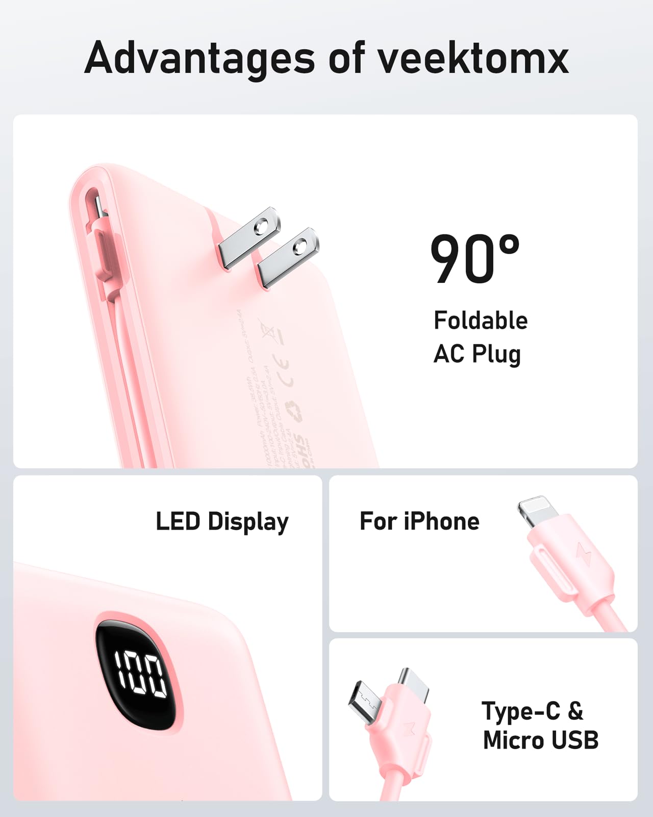 VEEKTOMX 10000mAh Portable Charger with Built-in Cables & Wall Plug view 8