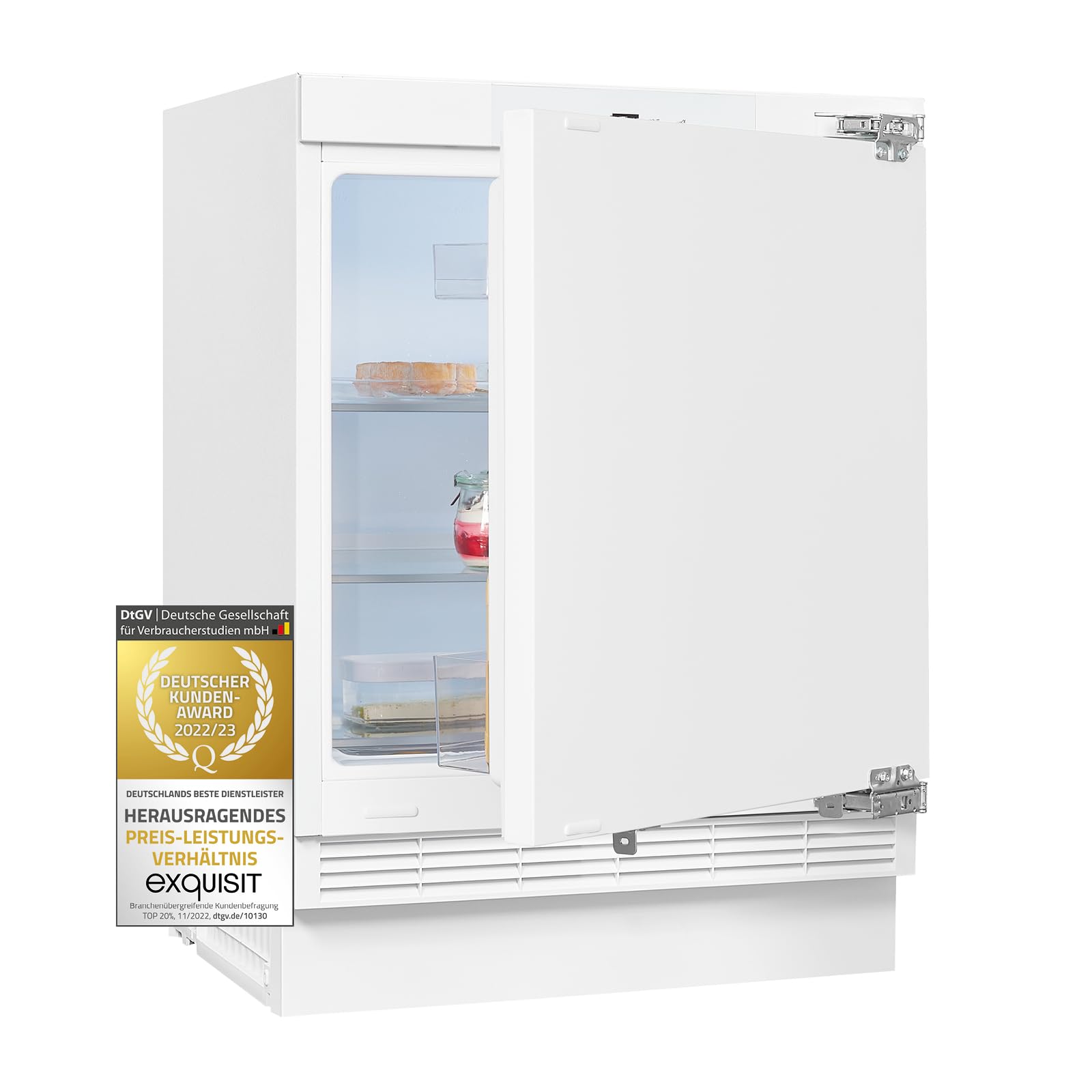 Exquisit UKS140-V-FE-010D Unterbau Kühlschrank, 138 l, Festtürmontage | Einbaukühlschrank mit digitaler LED-Anzeige, akustischem Türalarm, wechselbarem Türanschlag und hellem Innenlicht