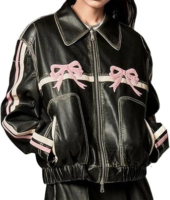 Bow Leather Jacket,Retro Bow Print PU Leather Coat Women Korean Fashion High Street Zipper Motorcycle Outerwear
