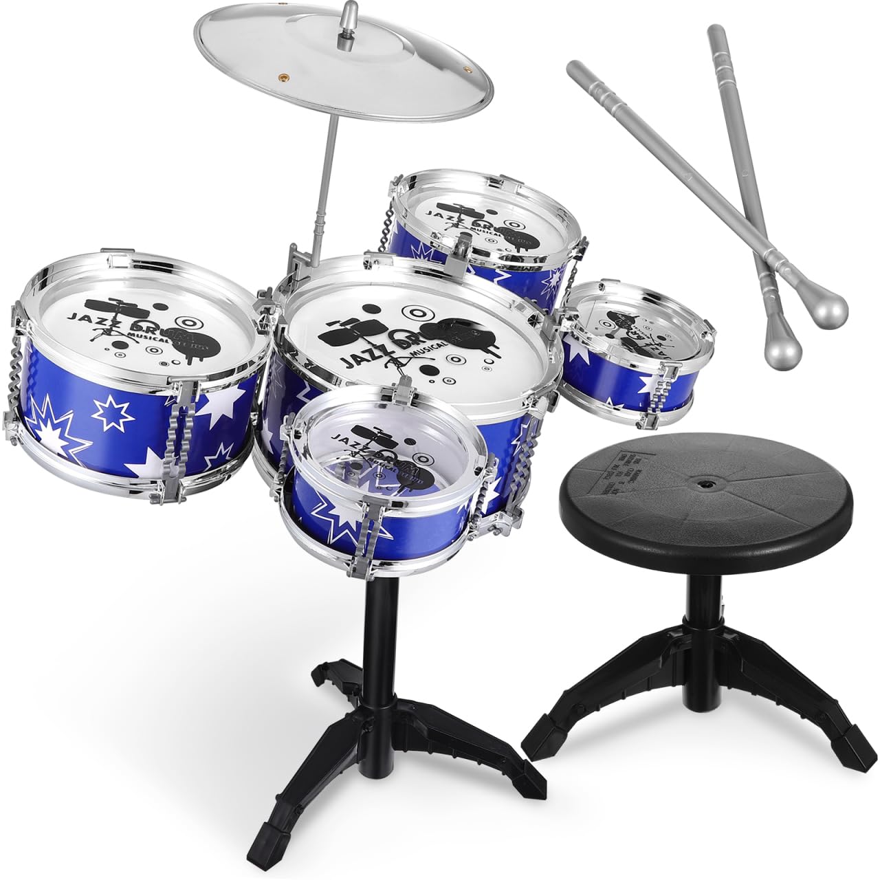 Generic 21-inch Kids Drum Set with Stool Blue Drum Kit for Toddlers Musical Instruments for Boys and Girls for Ages 1-5 Educational Percussion Play Set