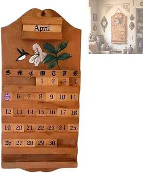 Wooden Perpetual Calendar, Handmade Vintage Wooden Perpetual Calendar, Adjustable Reusable Yearly Wall Mounted Calendar, Rustic Pastoral Hummingbird Floral Design, Home Office Decor