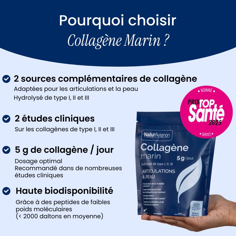NaturAvignon Lot de 2 Collagènes Marins Hydrolysés | Articulations, Cartilages, Tendons, Os, Peau | Types 1, 2 & 3 | Vitamine C, D3, K2, Zinc, Calcium | Poudre | Fabriqué en France