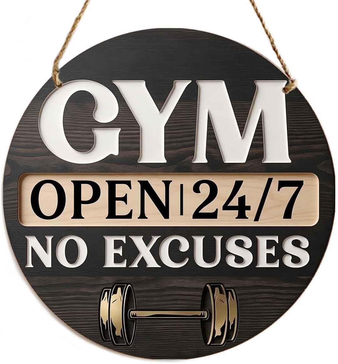 12" Large Gym Sign Wall Decor - No Excuses Motivational Wood Hanging Sign - Round Fitness Workout Room Decorations for Home Gym, Garage & Studio - Bold Barbell Design Gift for Men & Women