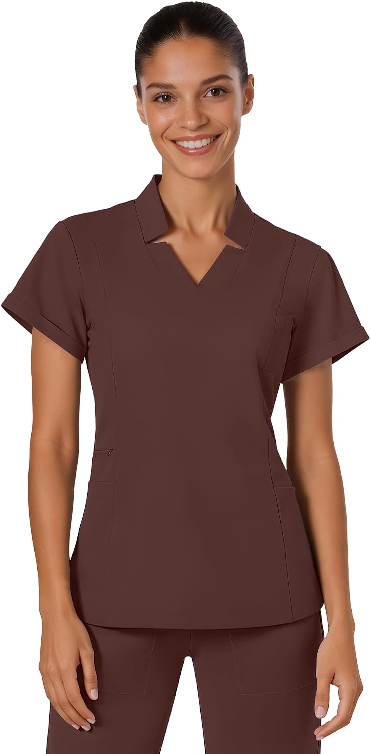 Womens Scrub Tops, Slim-Fit Soft Stretch Medical Scrub Shirts with 4 Pockets, Durable & Breathable Nurse Uniforms