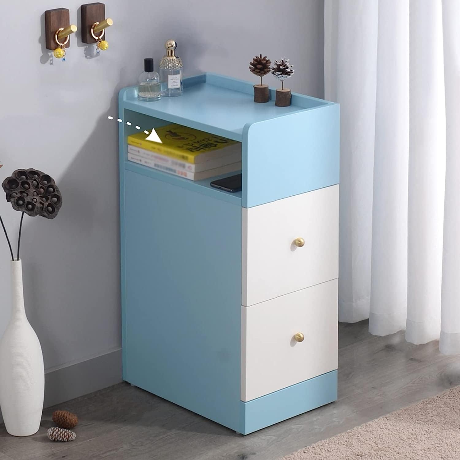 Children's Room Bedside Table with 2 Drawers and Side Opening Storage Rack Nightstand Wooden Ultra Narrow 25Cm Bedside Cabinet,Color225*39 * 65Cm