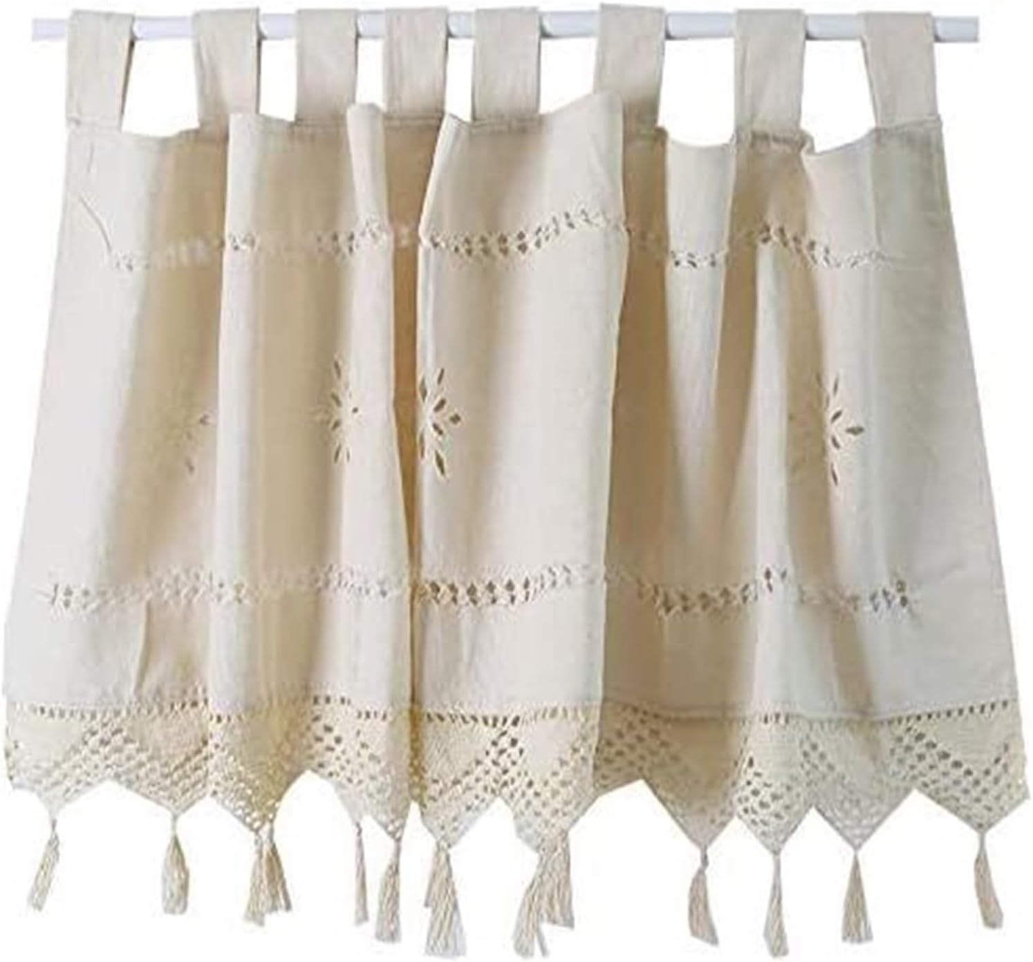 Window Curtain,Valance Curtains Sheer Valance Curtain,Window curtains,Cafe Curtain Natural Cotton Linen Kitchen Curtains Handmade Embroidery Hollow Flower Crochet Lace Window Patchwork Valance(145*70c