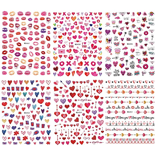 Valentine's Day Nail Stickers, 3D Heart Nail Decals Love Heart Angel Sweet Lip Nail Design Self-Adhesive Valentines Nail Art Stickers Best Valentines Day Gifts For Mom(6 Sheets ) #TOP6