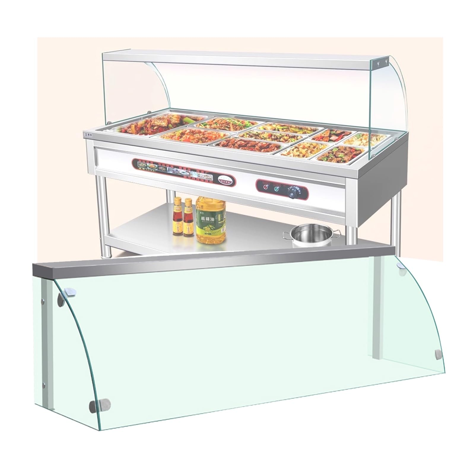 Vitrina refrigerada comercial con carcasa de tres lados para calentar alimentos de buffet y presentación de pastelería