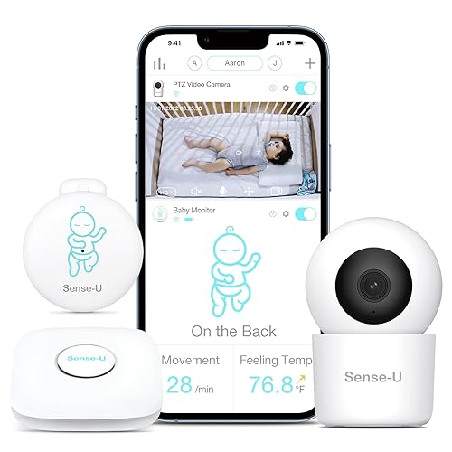 Sense-U Monitor inteligente para bebés + cámara PTZ 2K - rastrea el movimiento abdominal, vuelco, temperatura, video 2K, audio, movimiento, con zoom
