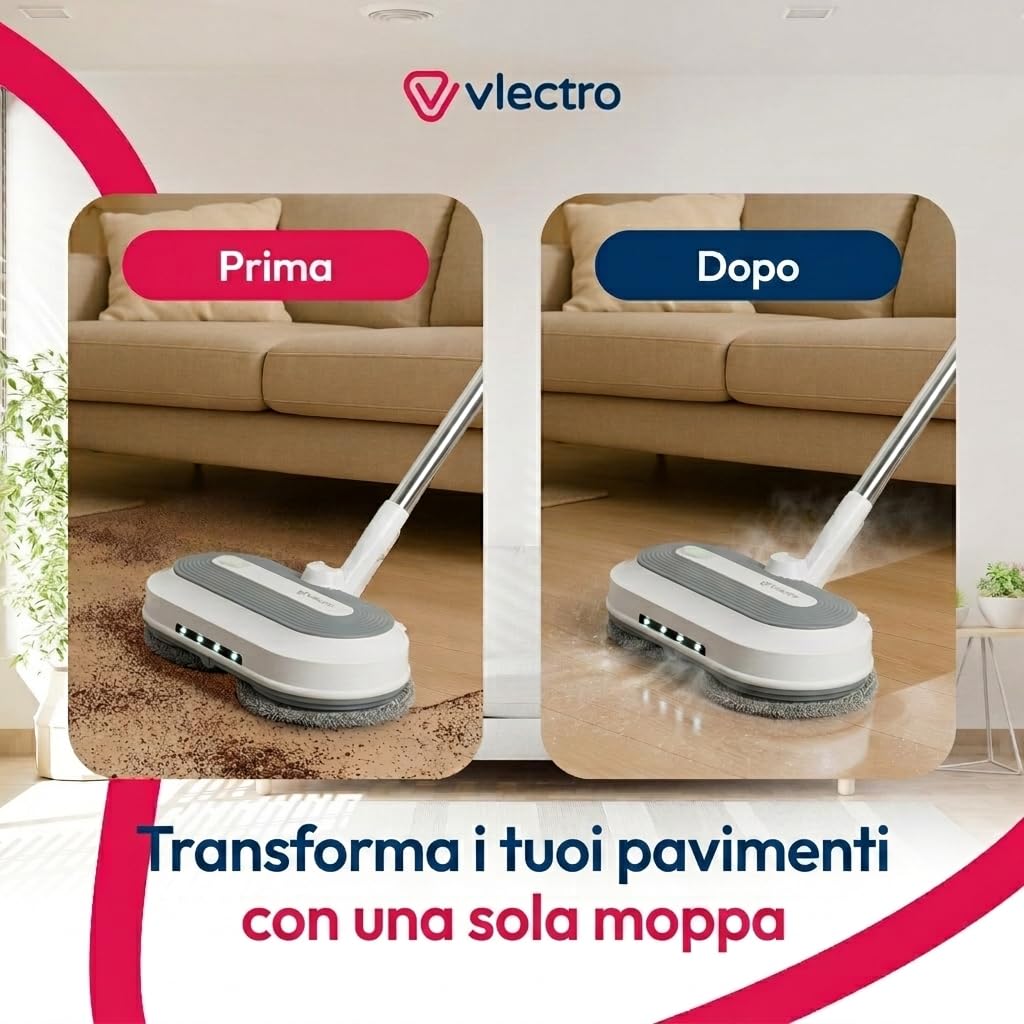 Mocio Elettrico Lavapavimenti Senza Fili | Doppia Rotazione, Testa 180°/90°, Acqua Spray, Luce LED, Per Parquet, Piastrelle e Superfici Dure