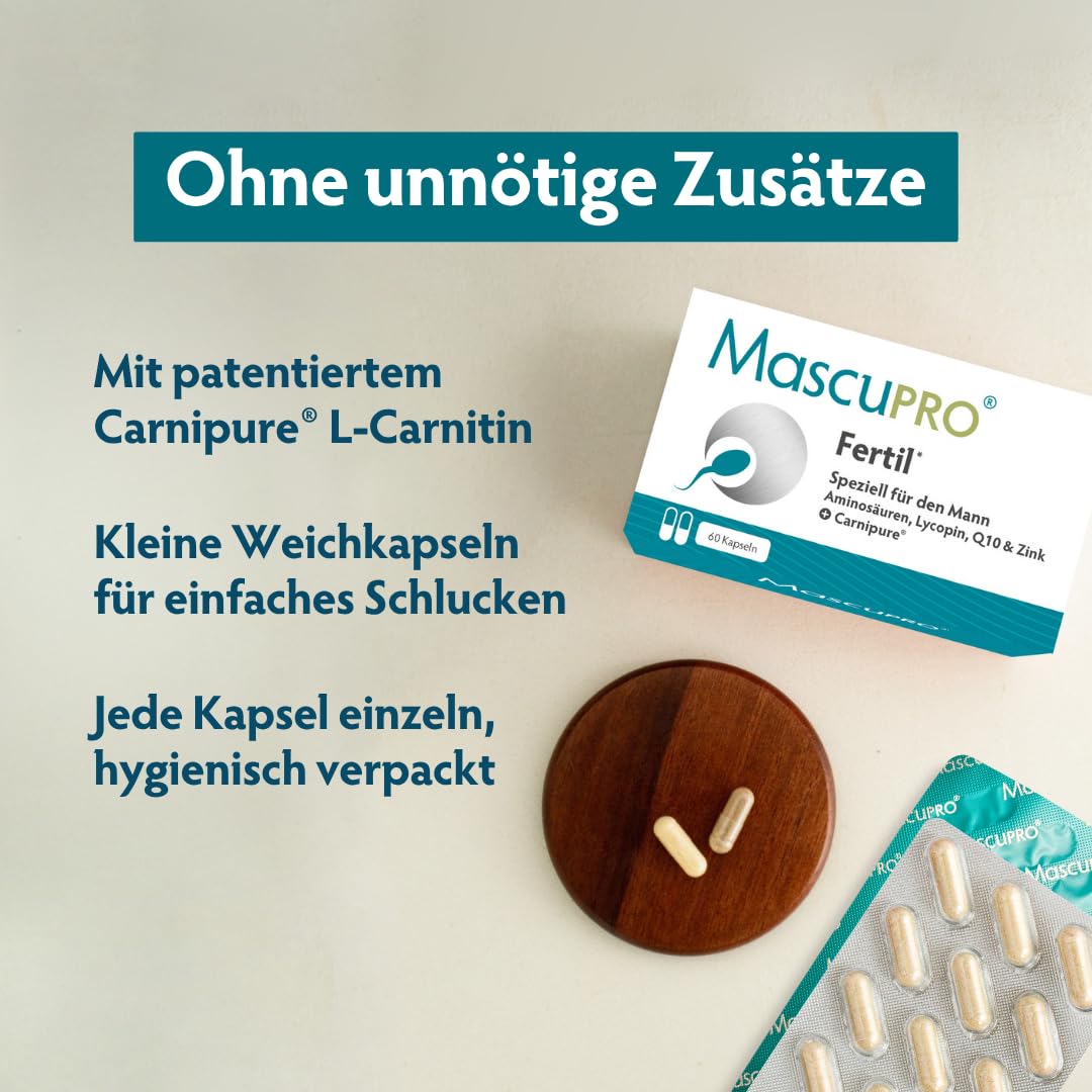 MascuPRO Fertil | 18 Inhaltsstoffe | 3 Monatspackung | Zink, Selen, Q10, Aminosäuren & Lycopin | vegan