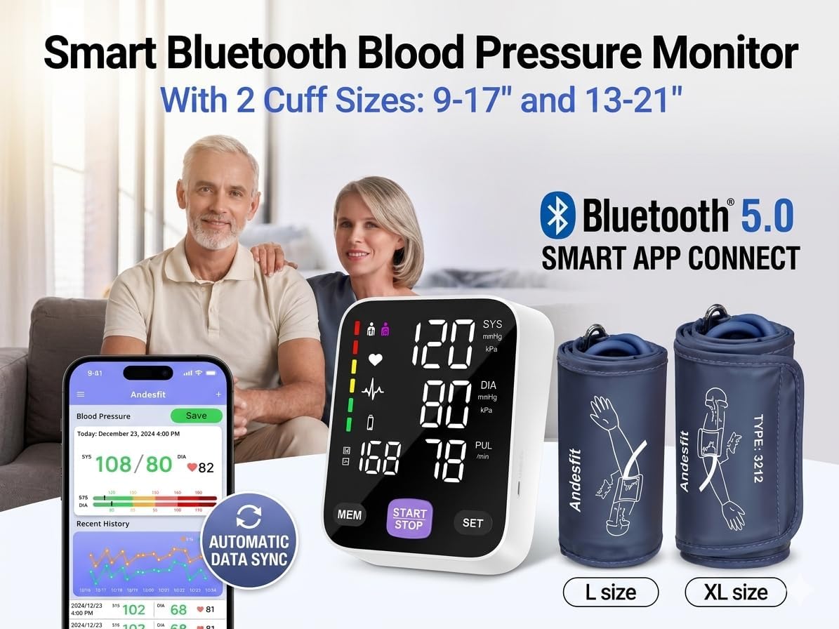 Automatic Bluetooth Blood Pressure Monitor - Home Use with 17" Large & 21" XL Extra Large Cuff, Free APP Sync Apple Health Google Fit, Large Display Smart BP Machine for Seniors