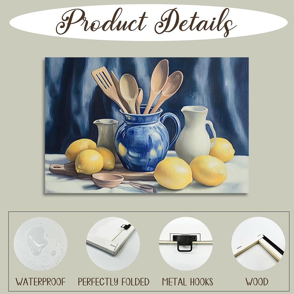 CGXLB Lemon Canvas Wall Art Kitchen Still Life Picture Country Blue Vase with Wooden Spoons Painting Framed Farmhouse Kitchen Decor for Dining Room 16"x24"