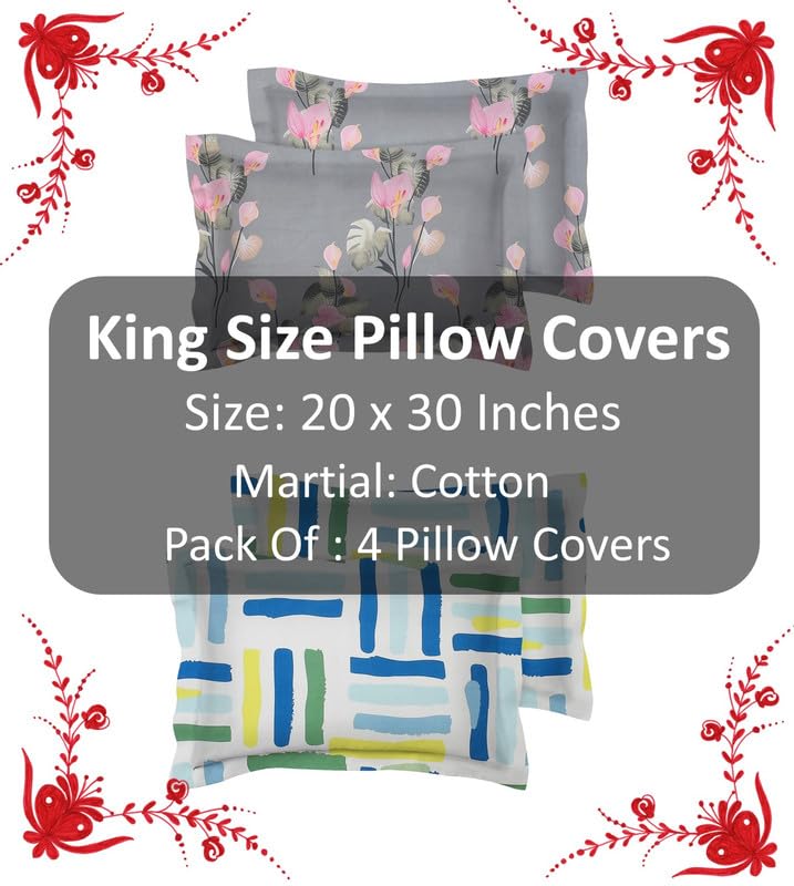 Image of BSB HOME Present Designer Printed 4 Piece 100% Pure Cotton Pillow Cover Set- 20 inch X30 inch Inches, (Multicolor,Grey Pink & Green)