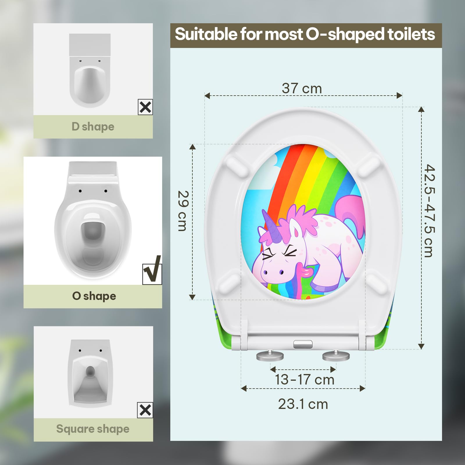 eSituro Toilettendeckel, WC Sitz mit Absenkautomatik, Klodeckel mit Schnellverschluss, 360° verstellbaren Scharnieren, Klobrille aus Duroplast, Regenbogen- und Einhorndruck