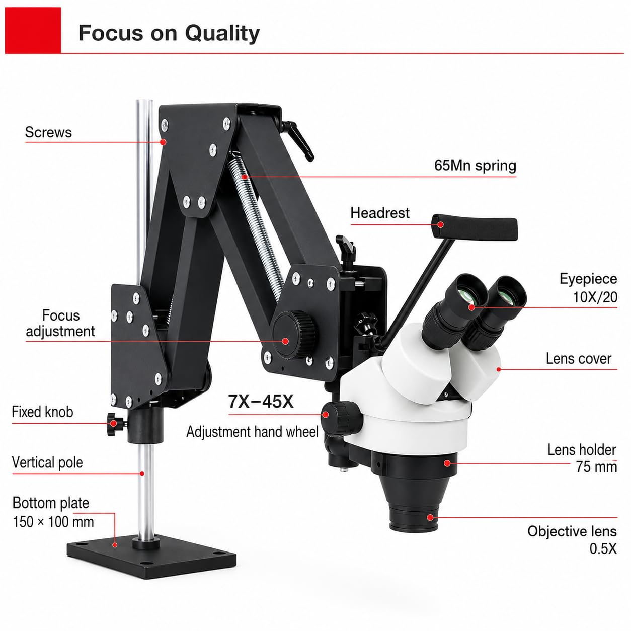 Microscopio estéreo 7X-45X con soporte de resorte para ajuste de joyas, 77 mm | Oculares WF10X, objetivo 0.5X, brazo ajustable de 360° y distancia interpupilar de 77 mm