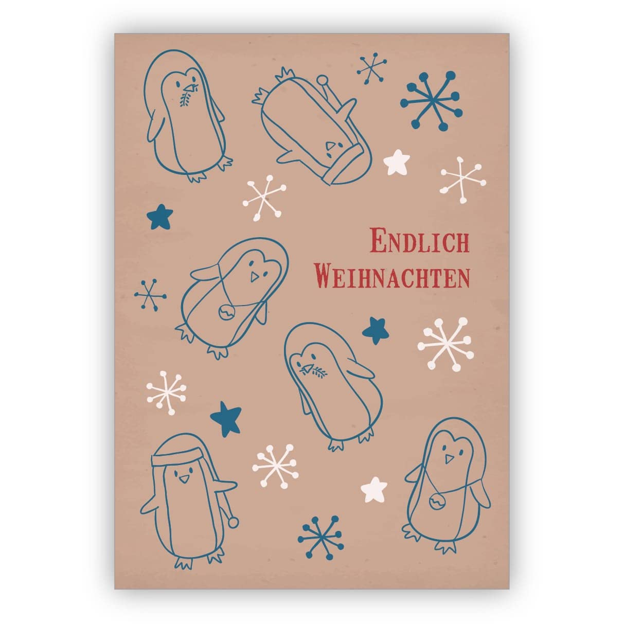 16 Stück: Süße Retro Weihnachtsgrüße mit kleinen Pinguinen zwischen Schneeflocken: Endlich Weihnachten • ausgefallene Weihnachtspost mit Umschlag zu Neujahr, Silvester für Familie und Firma