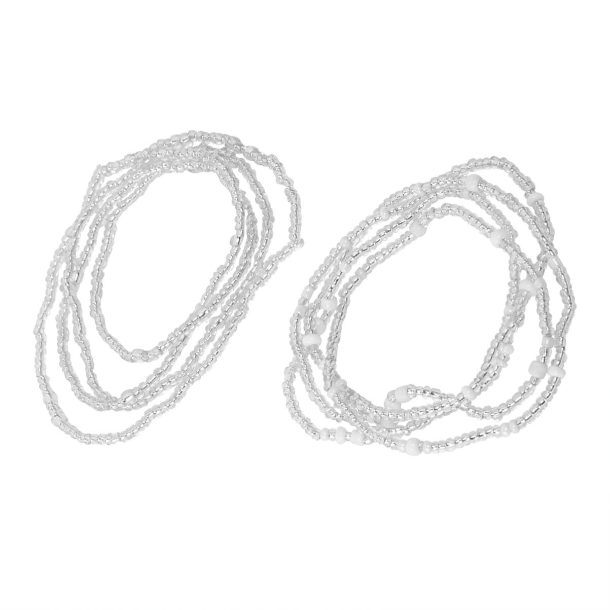 Waist Beads Set Multi Color Belly Bead Waist Beads Beaded Body Chain African Waist Bead Also Wear As Necklace Bracelet or Anklet 2pcs (Silver Set)