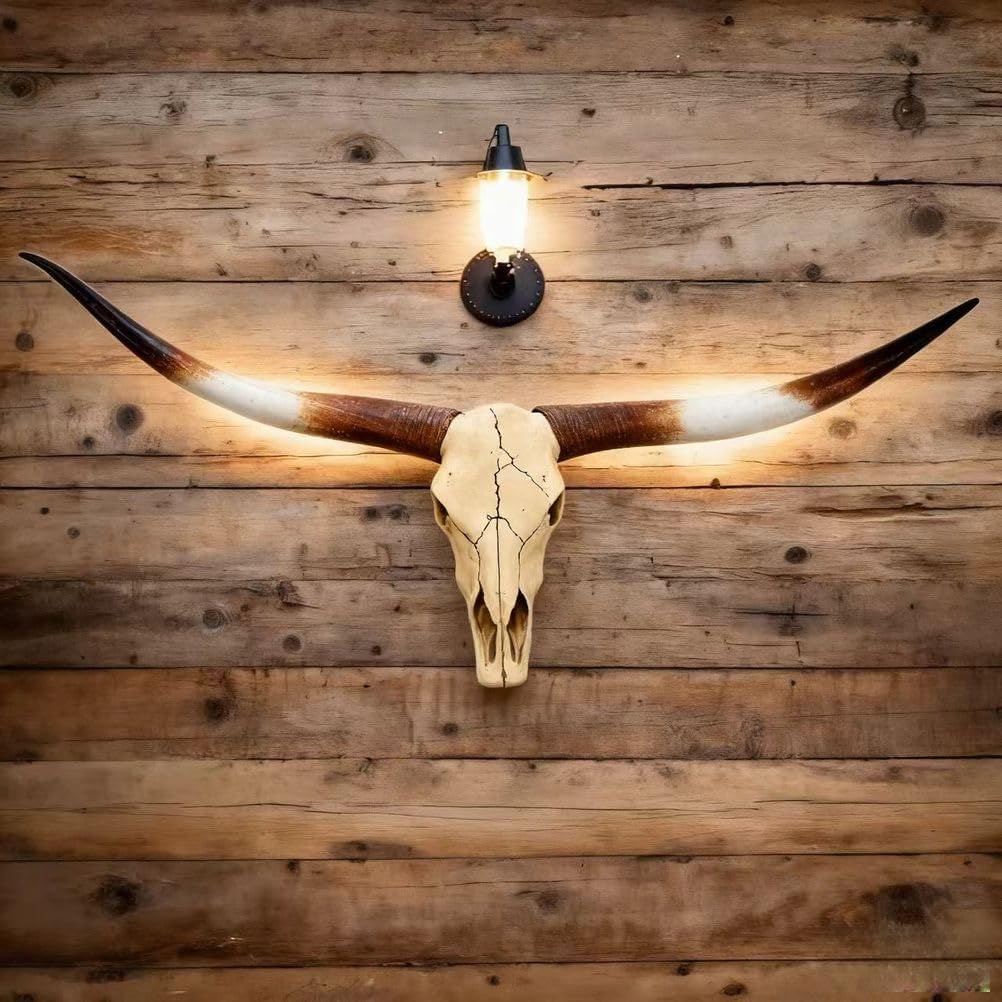 BKCEHCRS Longhorn skull,71.8 Inches -longhorn wall decor,Realistic Retro Bull cow skull wall decor,Faux TaxidermyHandmade Animal Cow Head Skulls for Living Room, Bedroom,Brown1