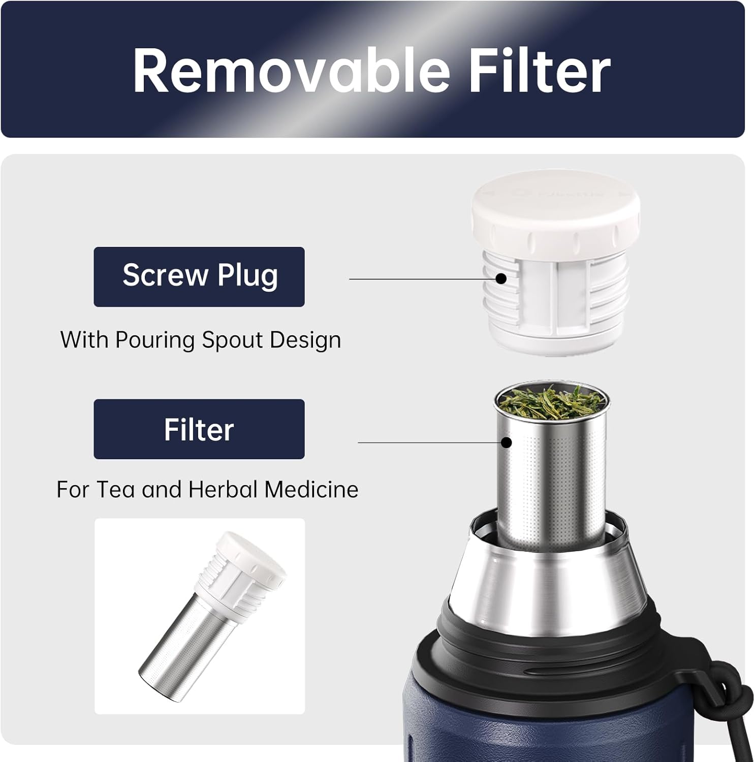 Insulated Stainless Steel Water Bottle 34 oz, 72/48H hot and cold bottle | Storage Base + Tea Filter, BPA-Free, Dishwasher Safe, Leakproof | for Gym, Camping, Christmas Gift (Navy Blue)