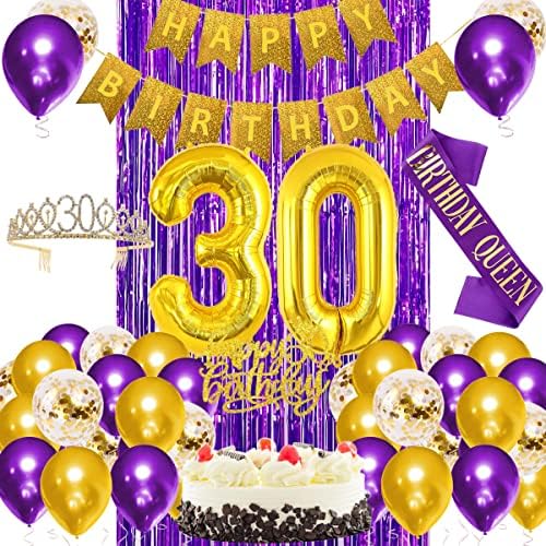 30th Birthday Decoration for Women 30th Purple Gold Birthday Party Decorations for Her, Happy Birthday Banner, Crown, Sash,Chrome Gold Numer 30 Balloon, Purple Gold Birthday Party Supplies for Women