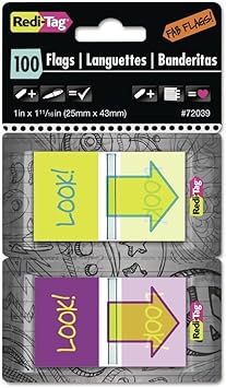Redi-Tag Pop-Up Fab Page Flags W/Dispenser,#34;Look!", Purple/Yellow; Yellow/Teal, 100/pack