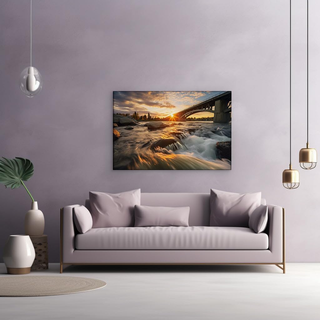 Canvas for Living room. Golden Serenity � A Bridge Over Sunset River Waters Wrapped in Nature's Embrace, 27 x 18 inch Canvas Wall Art - Contemporary Masterpieces - Modern Home Decor