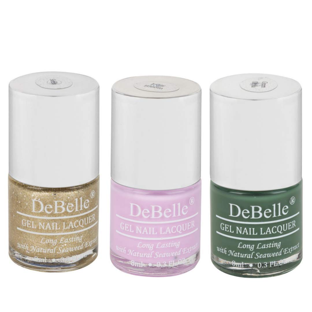DeBelle Gel Nail Polish Combo Set Of 3 Sirius [Silver Glitter], Lilac Bloom [Soft Lilac] & Green Olivia [Dark Olive Green] 24 ml (8 ml Each)