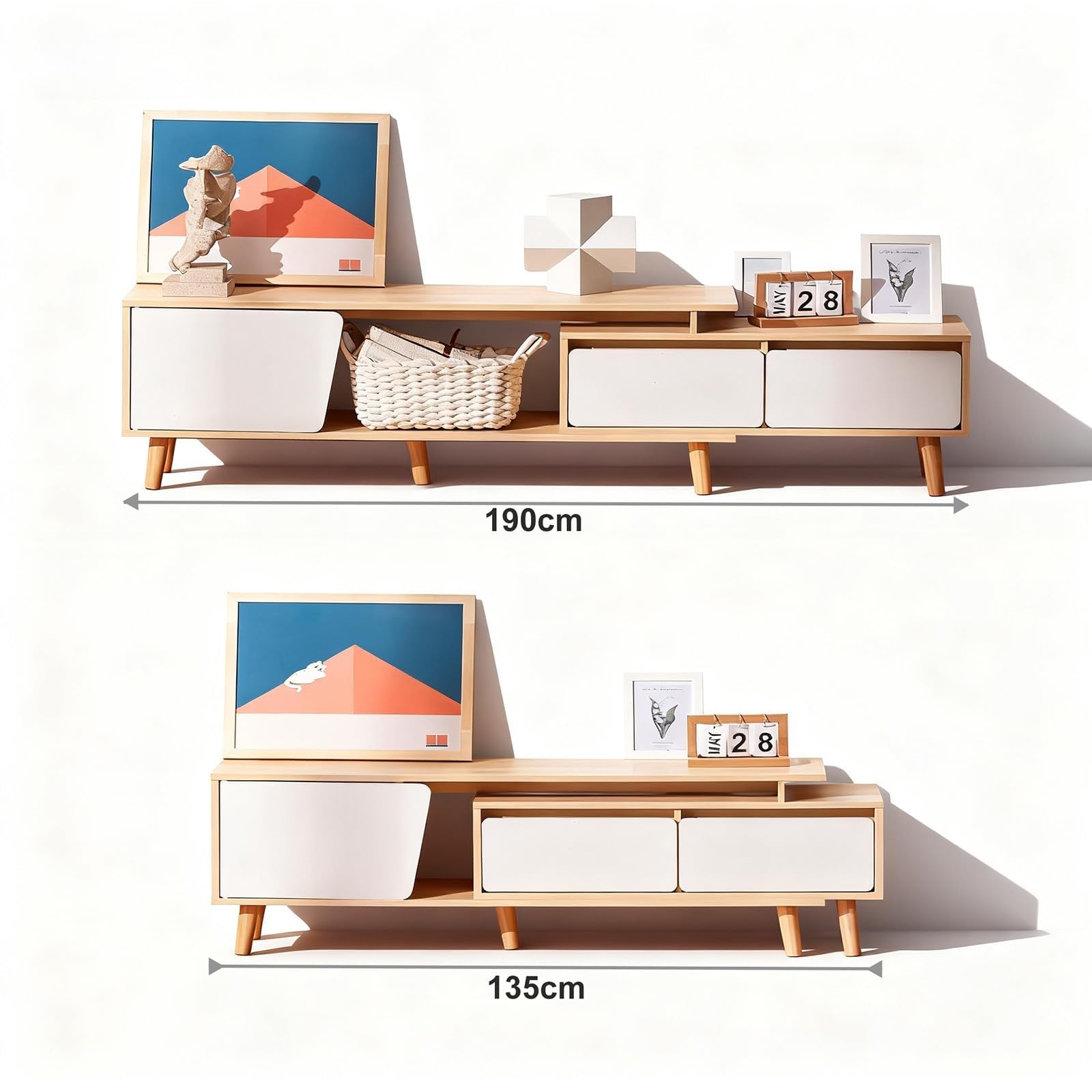 Meuble TV Extensible 140–190 cm, 2 Tiroirs, 1 Porte et 1 Niche Ouverte, Meuble Tele Bois et Blanc, Meuble Télé avec Rangement, Table TV pour Salon ou Chambre, Design Moderne