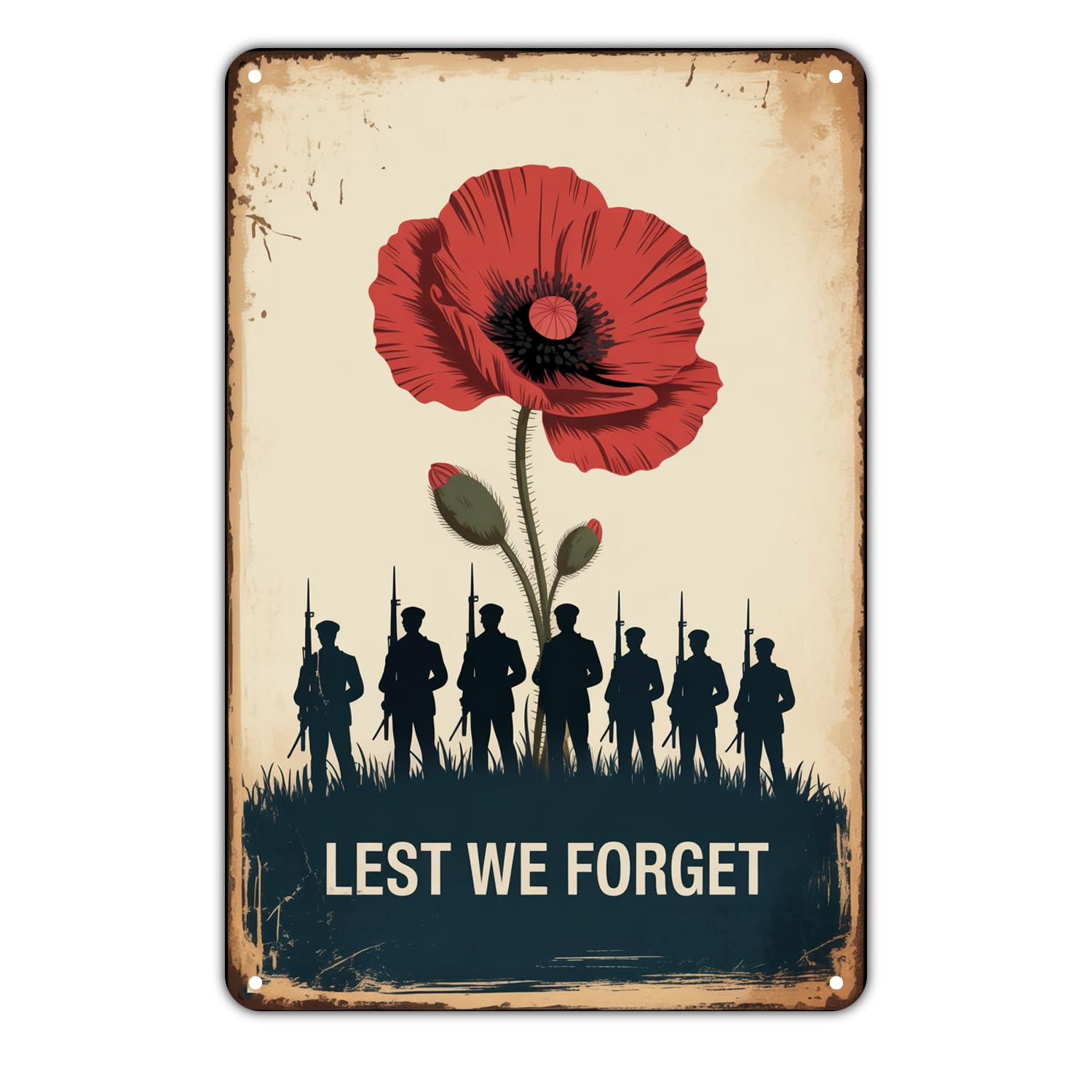 Remembrance Day Poppy Lest We Forget Tin Sign Vintage Wwi Soldiers Metal Sign Print Aesthetic Metal Tin Sign 8X12 Inch