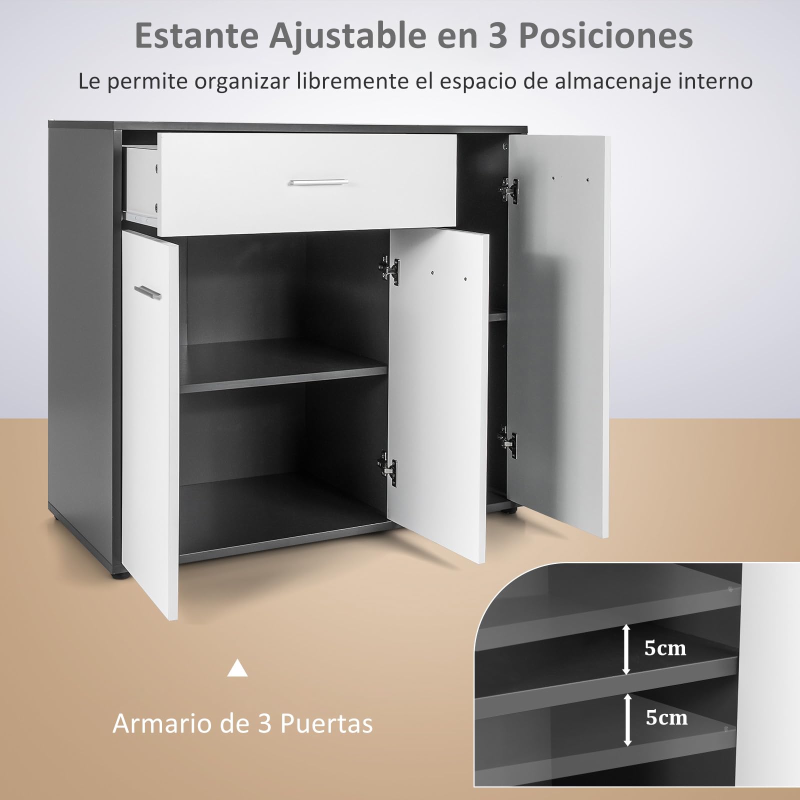 COSTWAY Aparador Cocina Buffet Moderno, Armario de Piso de Cocina con Dispositivo Antivuelco y Estante Ajustable, Gabinete de Almacenamiento Lateral de 3 Puertas para Comedor Entrada (88x40x80cm)