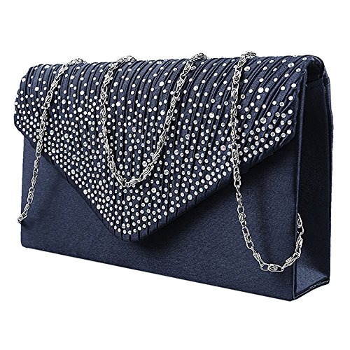 Enjoygoeu Bolso de Mano de Boda Nupcial Fiesta Ceremonia Clutch Diamantes Cartera de Mano para Mujer Salidas Satén Tipo Clutch con Color Silver Negro Azul Oscuro Violeta (Azul Oscuro)