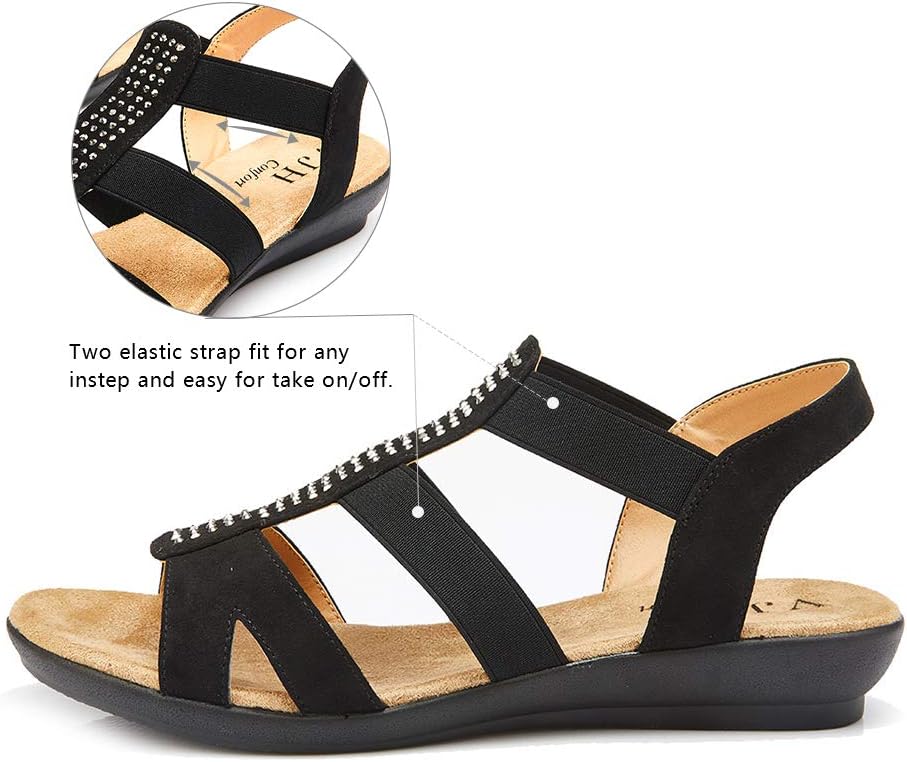 VJH confort Women's Comfort Flat Sandals Summer,with Rhinestone Open Toe Elastic Slip On Slingback Casual Walking Low Heele Sandals - Image 3