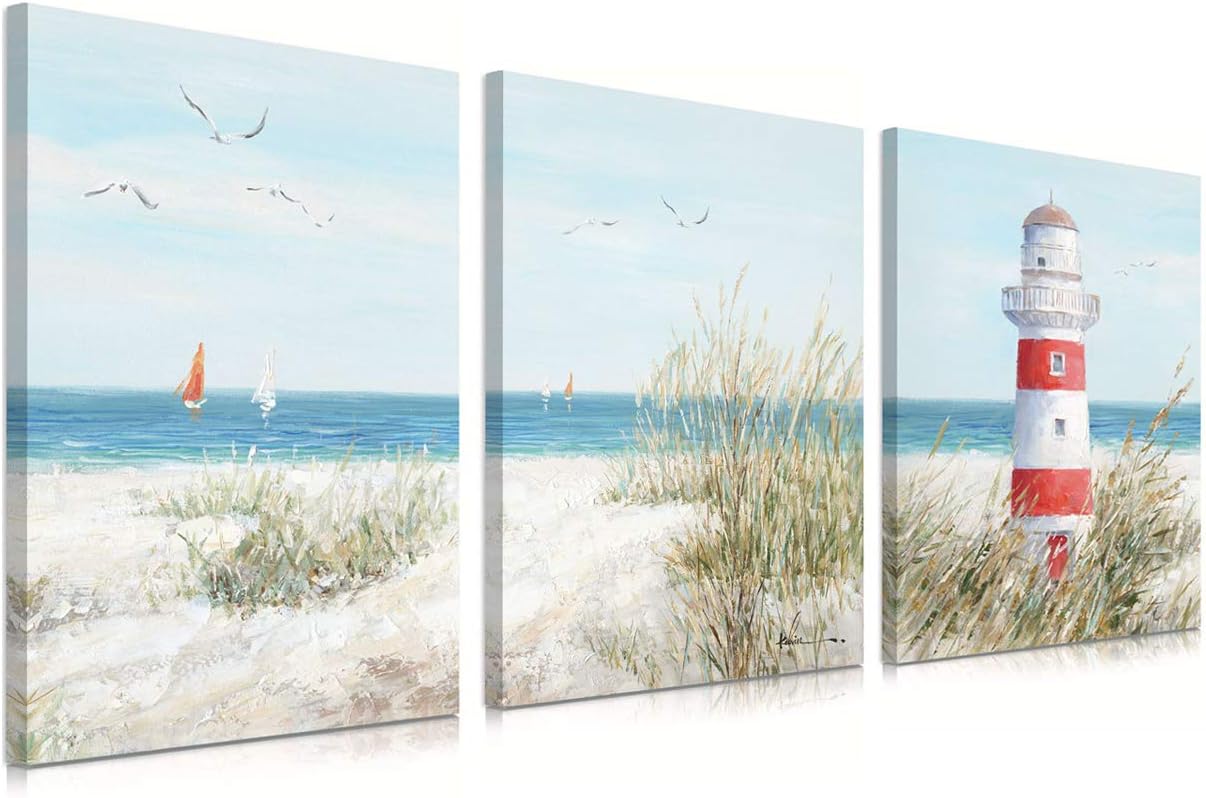 Lighthouse Decor Coastal Nautical Pictures: 3 Panels Ocean Wall Art Seagull Seascape Morning Wall Decor Sailboat Decoration Seabirds Cottage Canvas Print Grass Picture for Living Room (30x40CMx3)