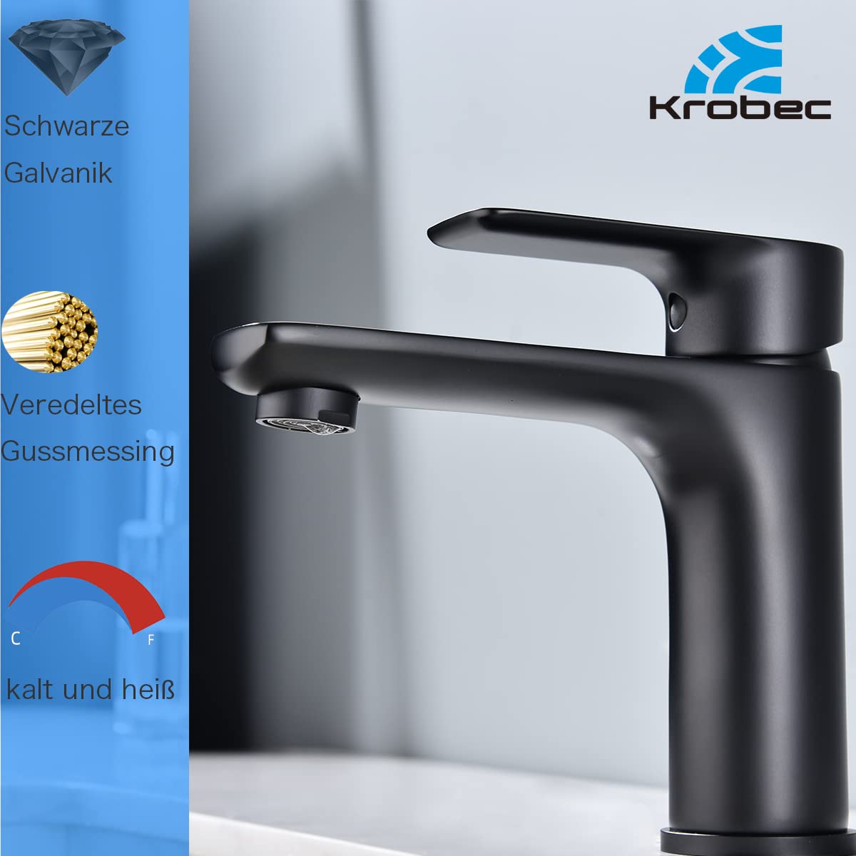 Korec Grifo de baño,Grifo de Lavabo,Grifo Monomando de Lavabo, Grifo Monomando Lavabo,Grifo Lavabo,Núcleo de válvula de latón y cerámica,Conexión EU 3/8″(negro mate).