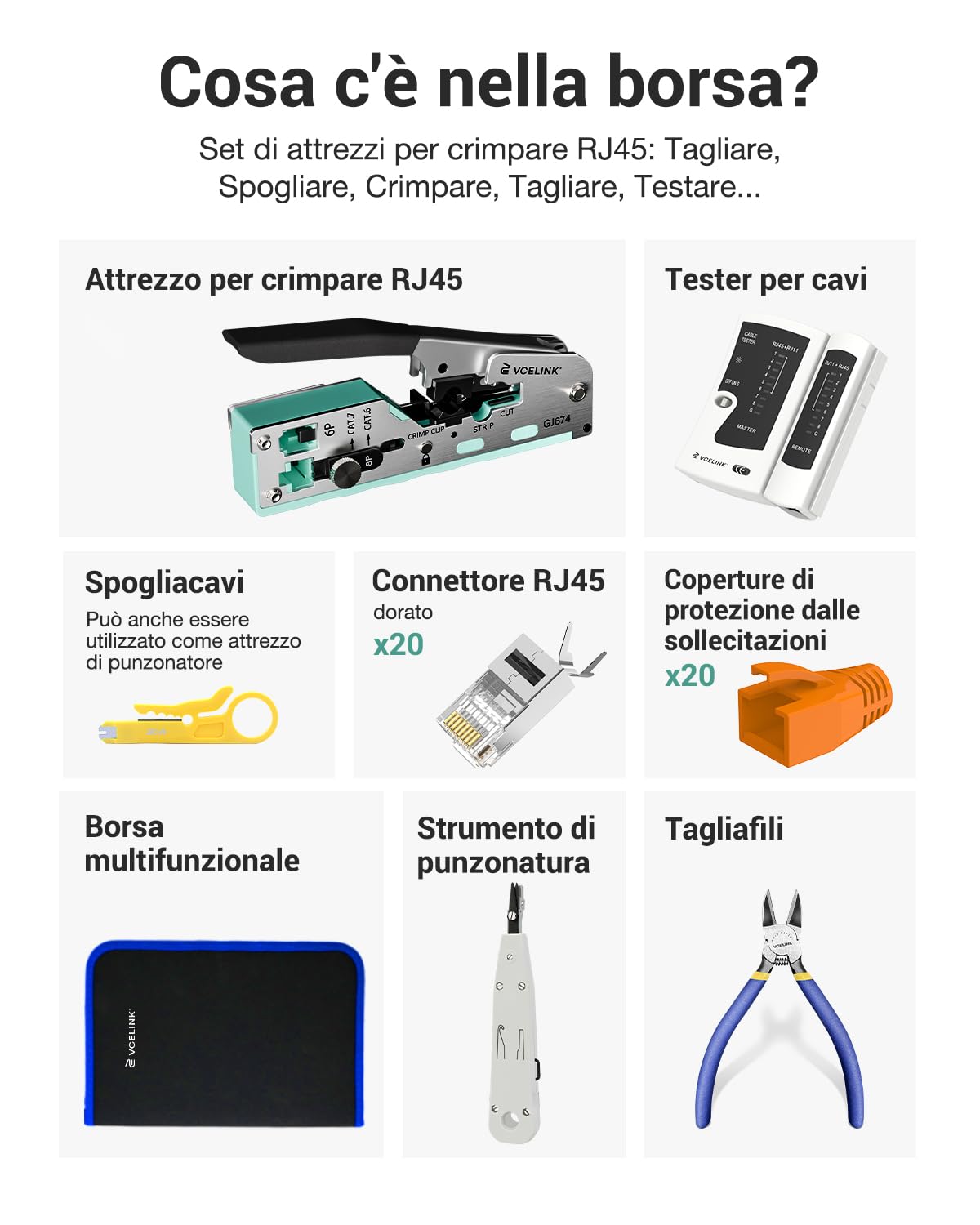 VCELINK Set di Pinze Crimpare RJ45, Kit Crimpatrice Ethernet per Cavo CAT7/CAT6A/CAT6/CAT5E, 20PCS Connettori RJ45 Passante, Tester Lan, Borsa