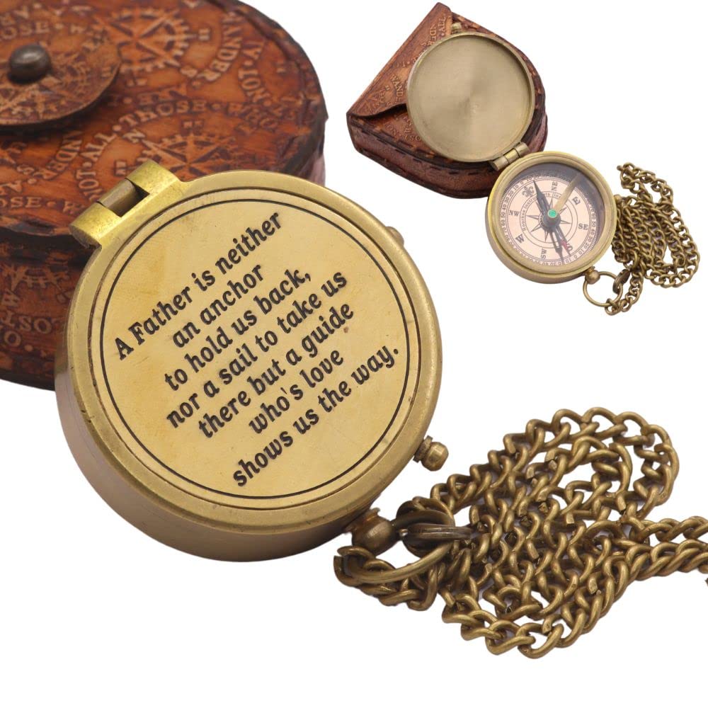 Compass Gift for Dad, Brass Pocket Compass with Leather Case, “A Father’s Love is a Guide” Engraved Quote from Son or Daughter