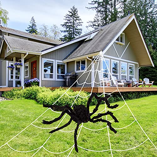 Supmaker Halloween-Spinnennetz-Dekorationen, weißes Wollfaden, künstliches Spinnennetz, 6.3 cm schwarze Spinne und 2 kleine Kunststoffspinnen für Halloween-Party, Innen- und Außendekoration Cover
